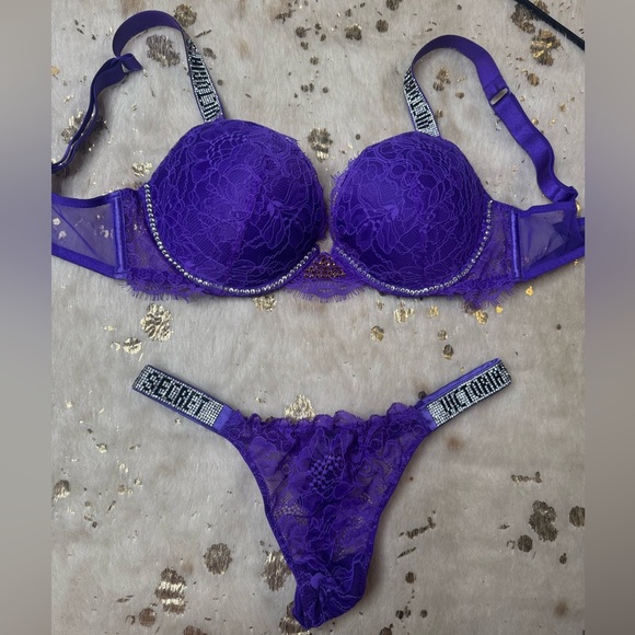 Custom Rhinestone Victoria's Secret Vibrant Purple Lace Bra Set - Picture 3 of 4
